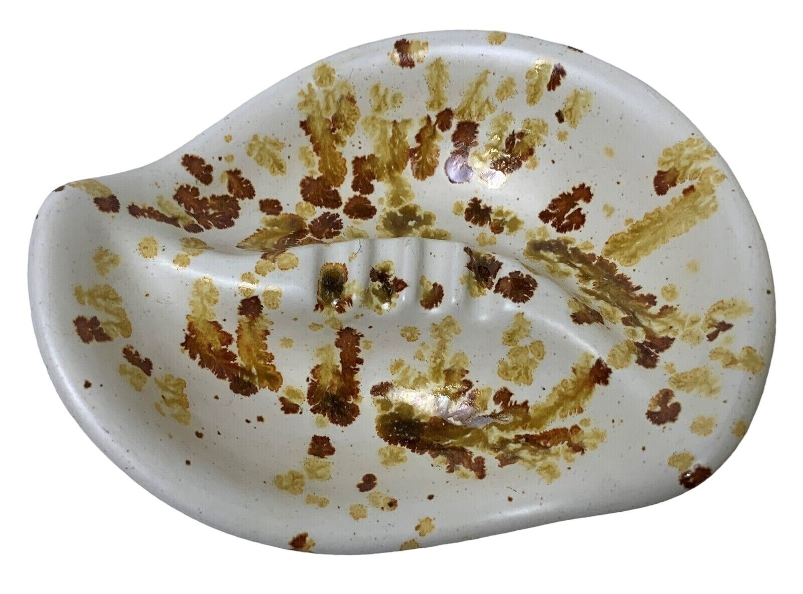 Vintage Handcrafted Ceramic Ashtray Splatter Glaze Brown Gold Earthy 4 Notches