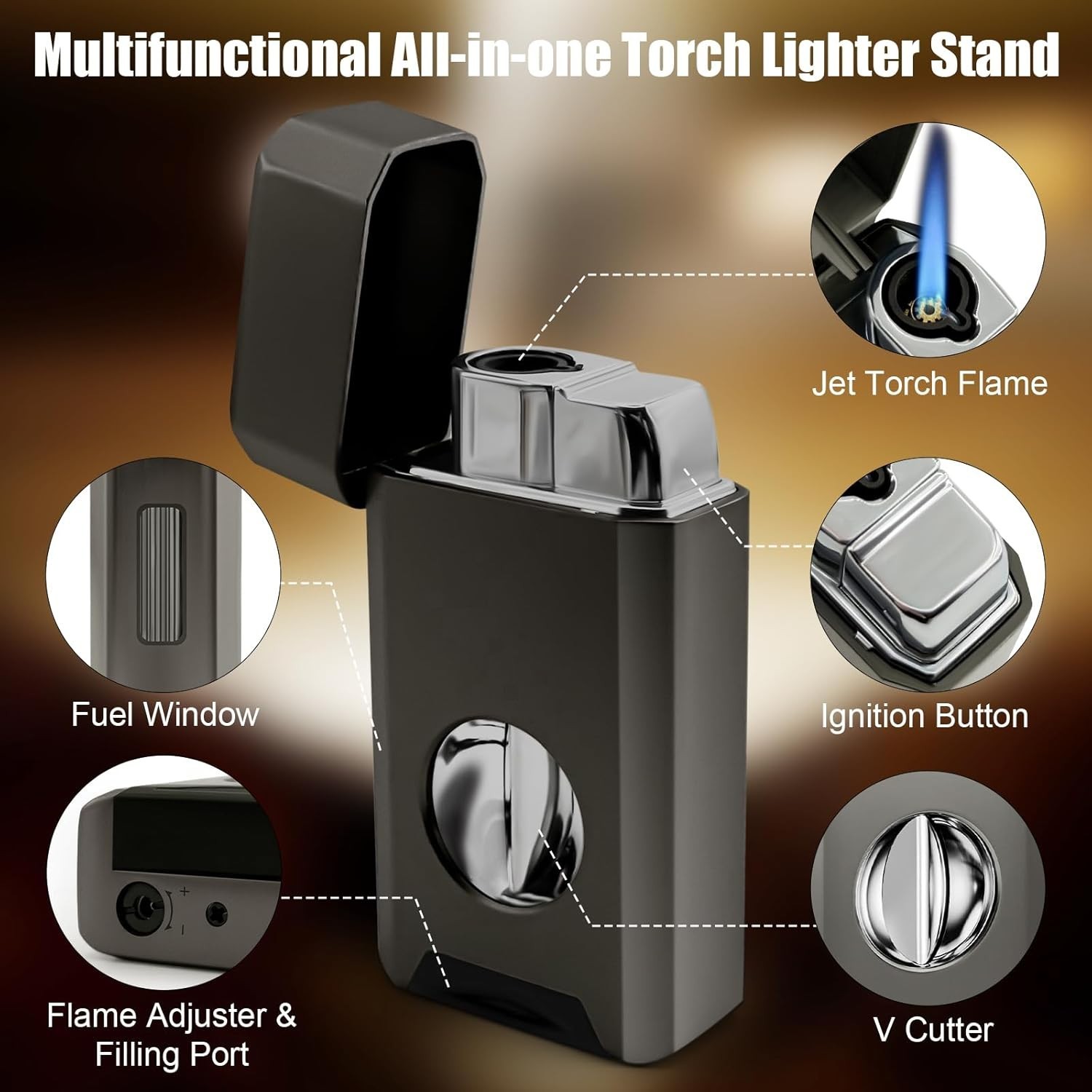 Jet Flame Torch Lighter w/ Built-in V Cutter & Holder – Wind Proof – Gray Metal