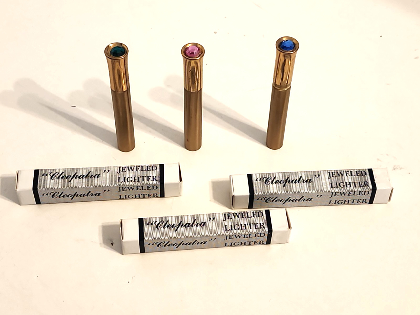 (3) NOS Cleopatra Jeweled Gold Tone Lipstick Lighters 3 .75″ Art Deco Style
