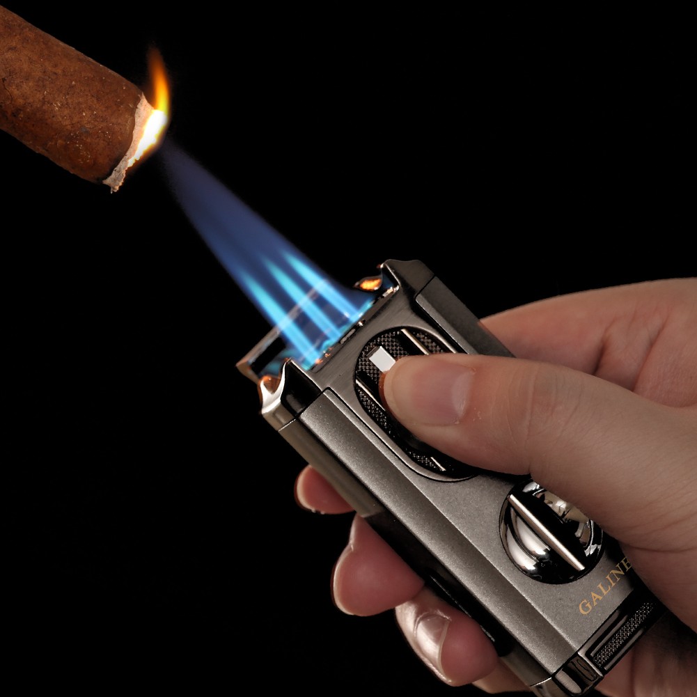 Galiner Portable 3 Jet Flame Torch Cigar Lighter Stainless V-Cutter w/ Gift Box