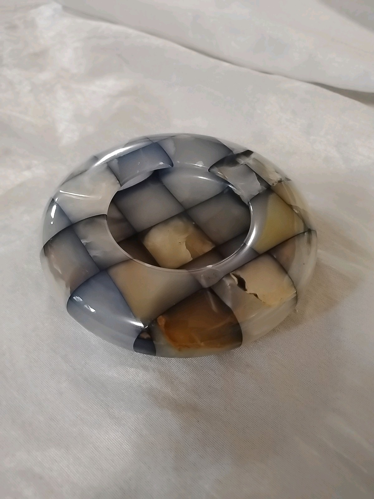 Vintage 1950s Checkerboard Italian Onyx Marble Polished Round Ashtray Decor
