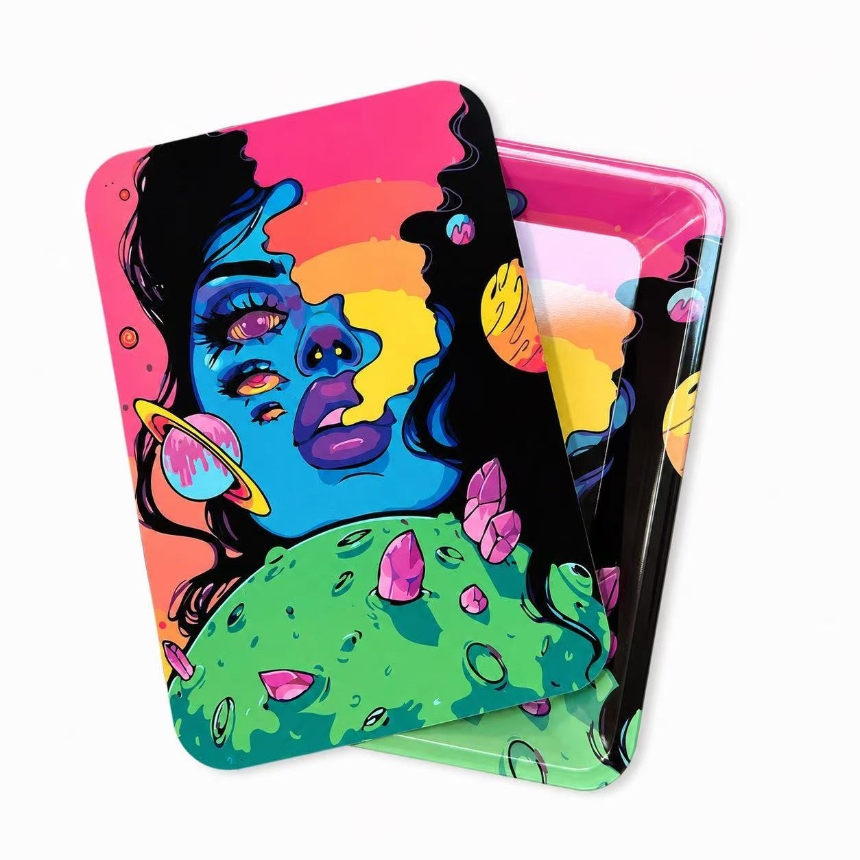 Small Metal Rolling Tray w/ PVC Soft Magnetic Lid | 7″ x 5″ Psychedelic Art