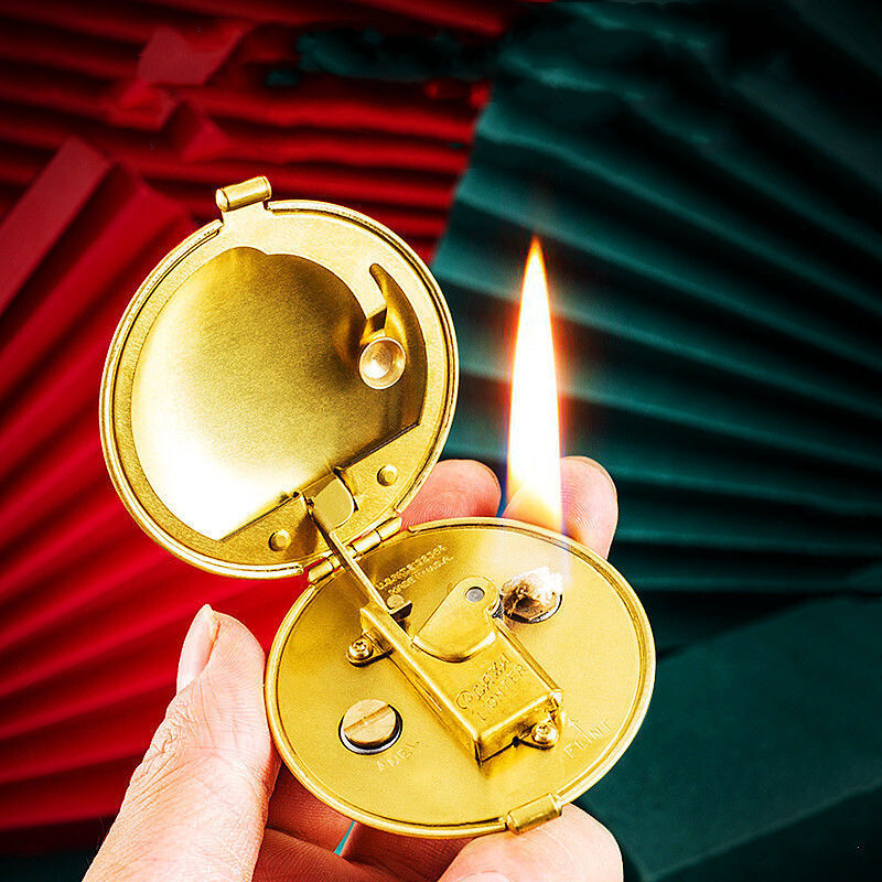 Compact Round Semi-automatic Antique Handmade Brass Mechanical Lighter Gift