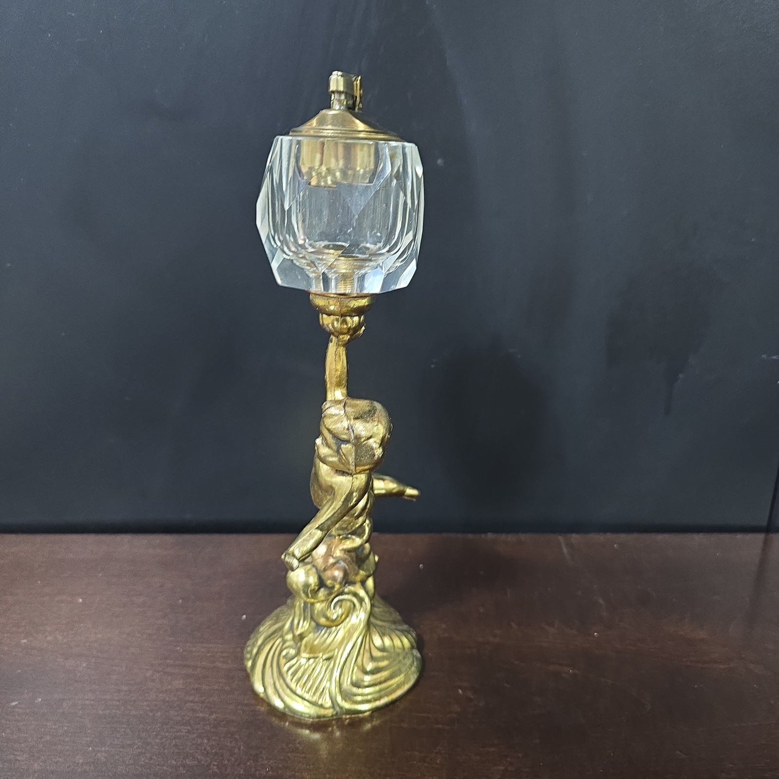 Vintage Figural Cherub Table Lighter Brass Tone Putti Faceted Glass Reservoir