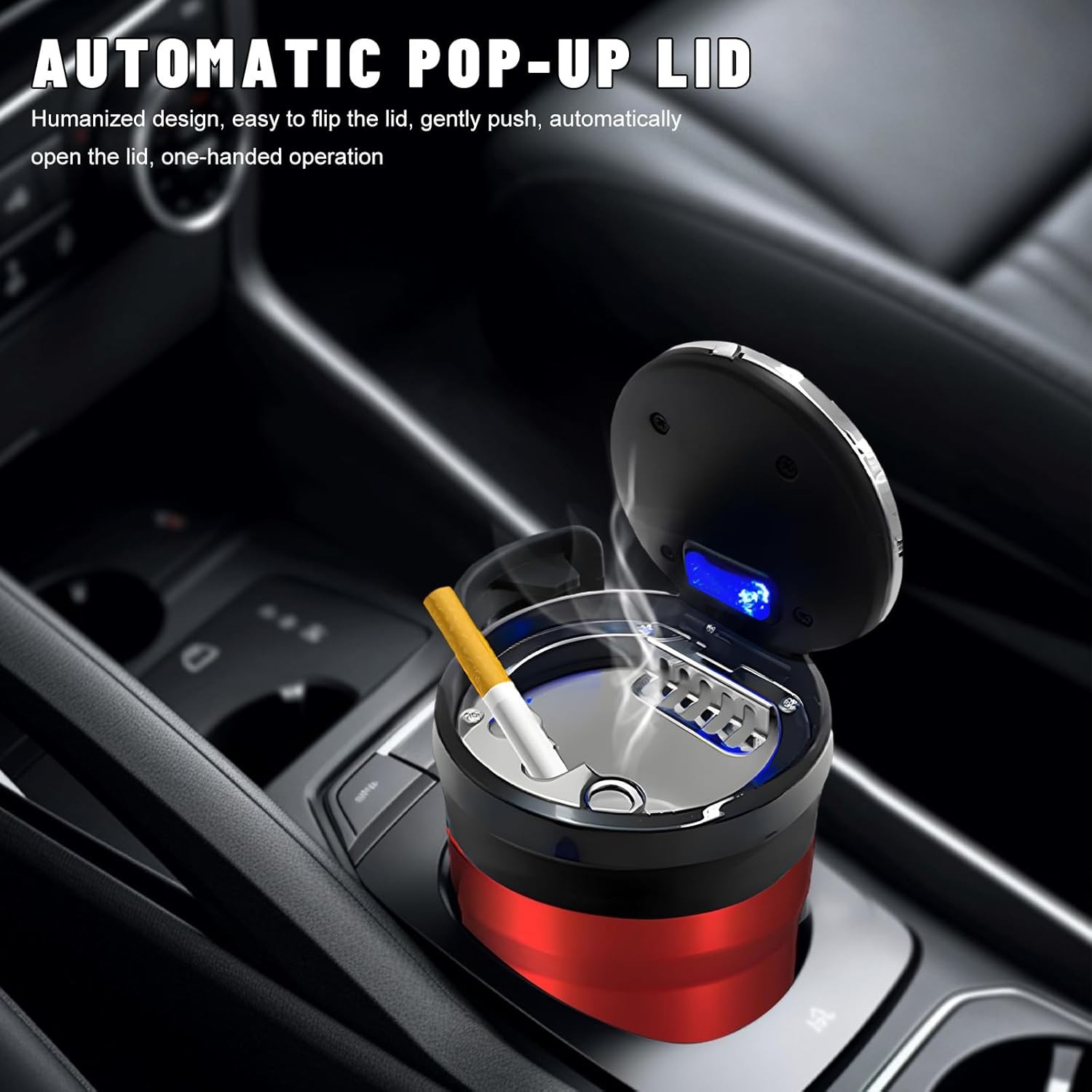 Car Ashtray with Lid, Detachable Smokeless Vehicle Cylinder Ashtray with LED Nig