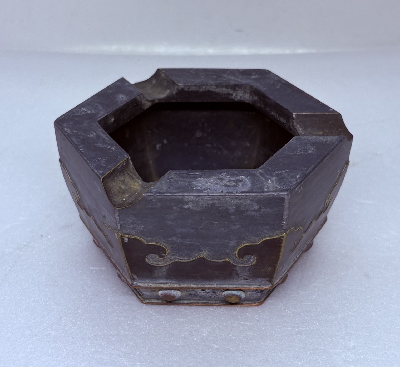 Vintage 1970s Chinese Pewter Brass Ashtray Hexagon Shaped 4” Heavy Duty Decor O