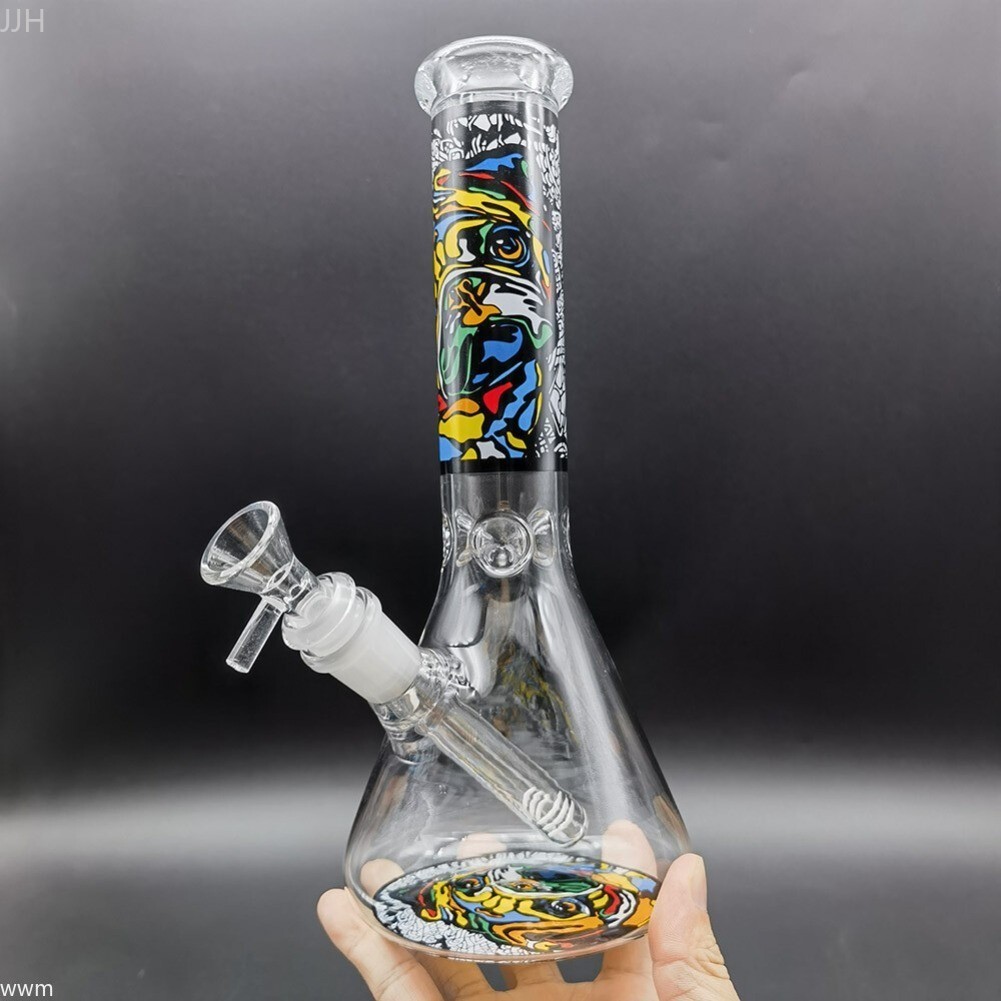 10 Inch Abstract Dog Pattern Glass Bong Smoking Hookah Water Pipe Bubbler +Bowl