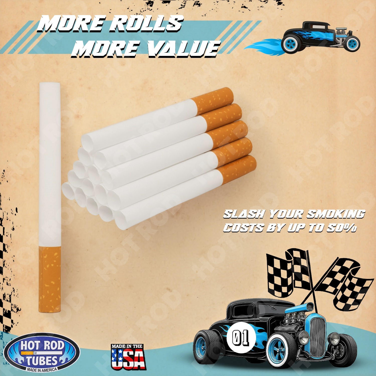 Hotrod Cigarette Tubes Smooth Blue King size 2000 Count 200 RYO Tubes x 10 Boxes