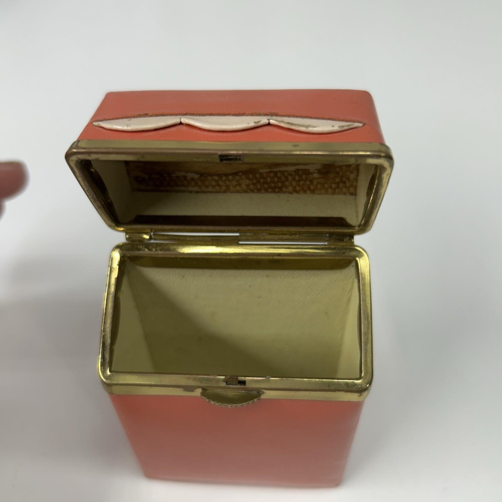 Vintage Buxton Cigarette Case Leather? Coral Color Gold Trim Flip Top
