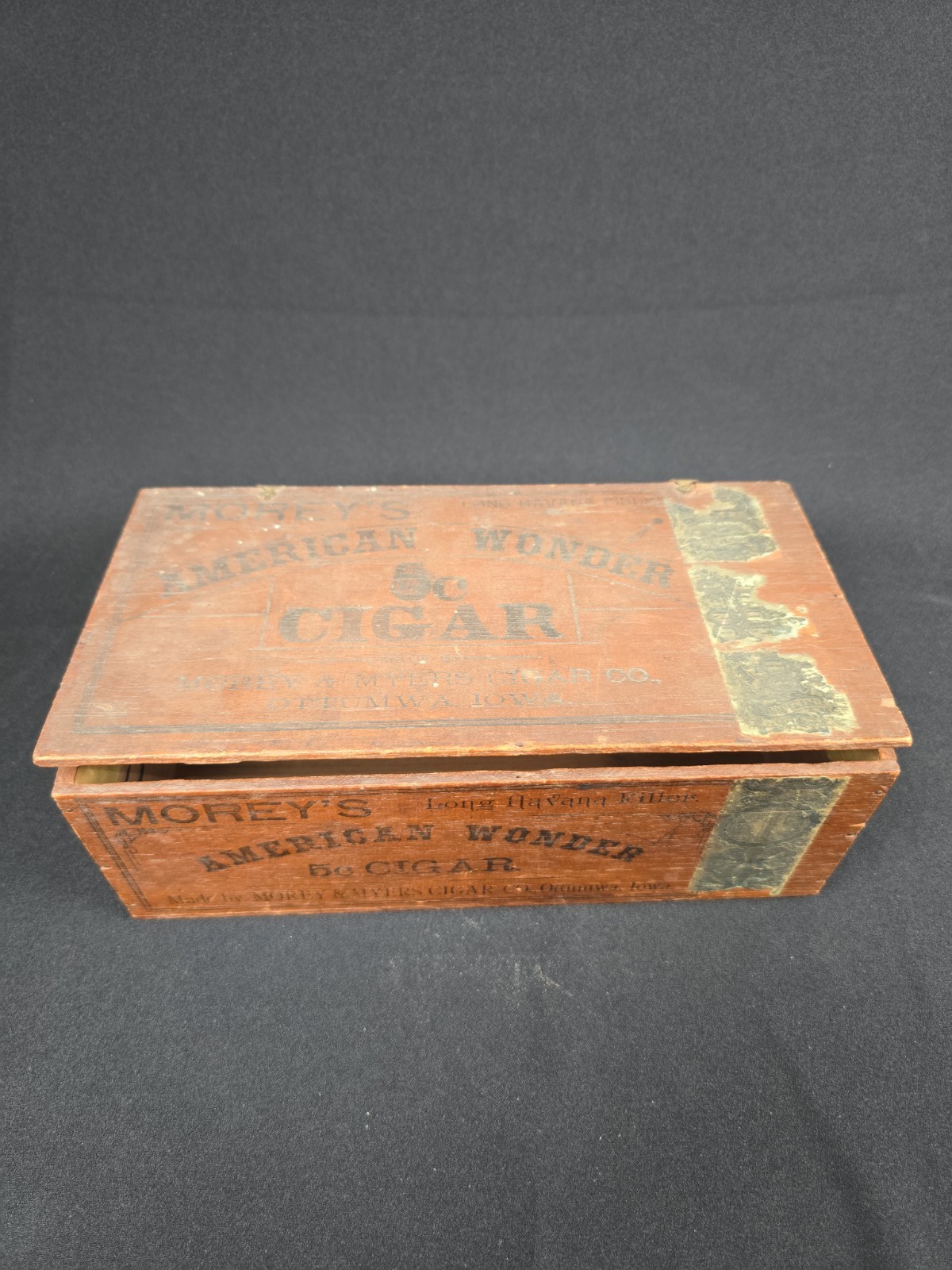 Antique Ottumwa Iowa Wooden Cigar 5c Box Morey’s American Wonder Morey & Myers