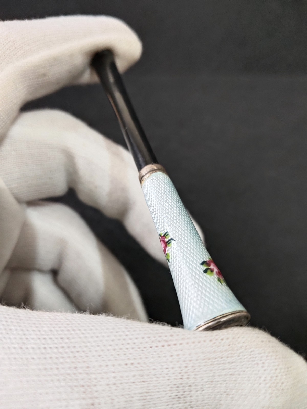 Vintage Sterling Silver-Guilloche Enamel Cigarette Holder-Mint Green w/HP Roses