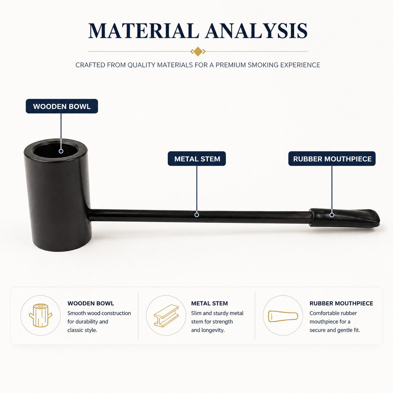 Popeye Style Wooden Tobacco Pipe Long Metal Stem Black Rubber Mouthpiece