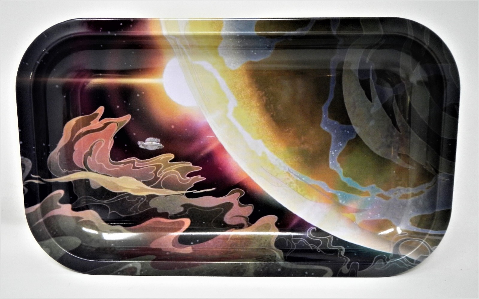 Mirage 10.5″ x 6.25″ Metal Rolling Tray Cloudy Galaxy with UFO Planet & Sun
