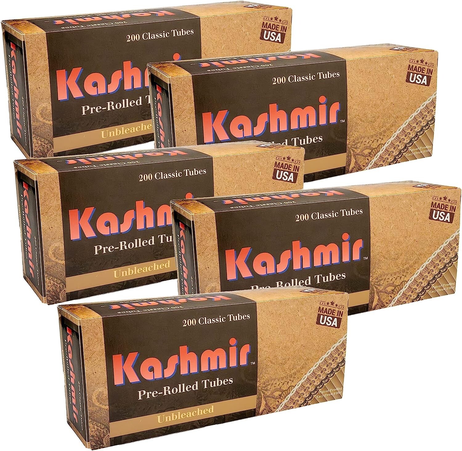 Kashmir Classic Unbleached Cigarette Pre-Rolled Tubes 200/Pack – 1000 Count