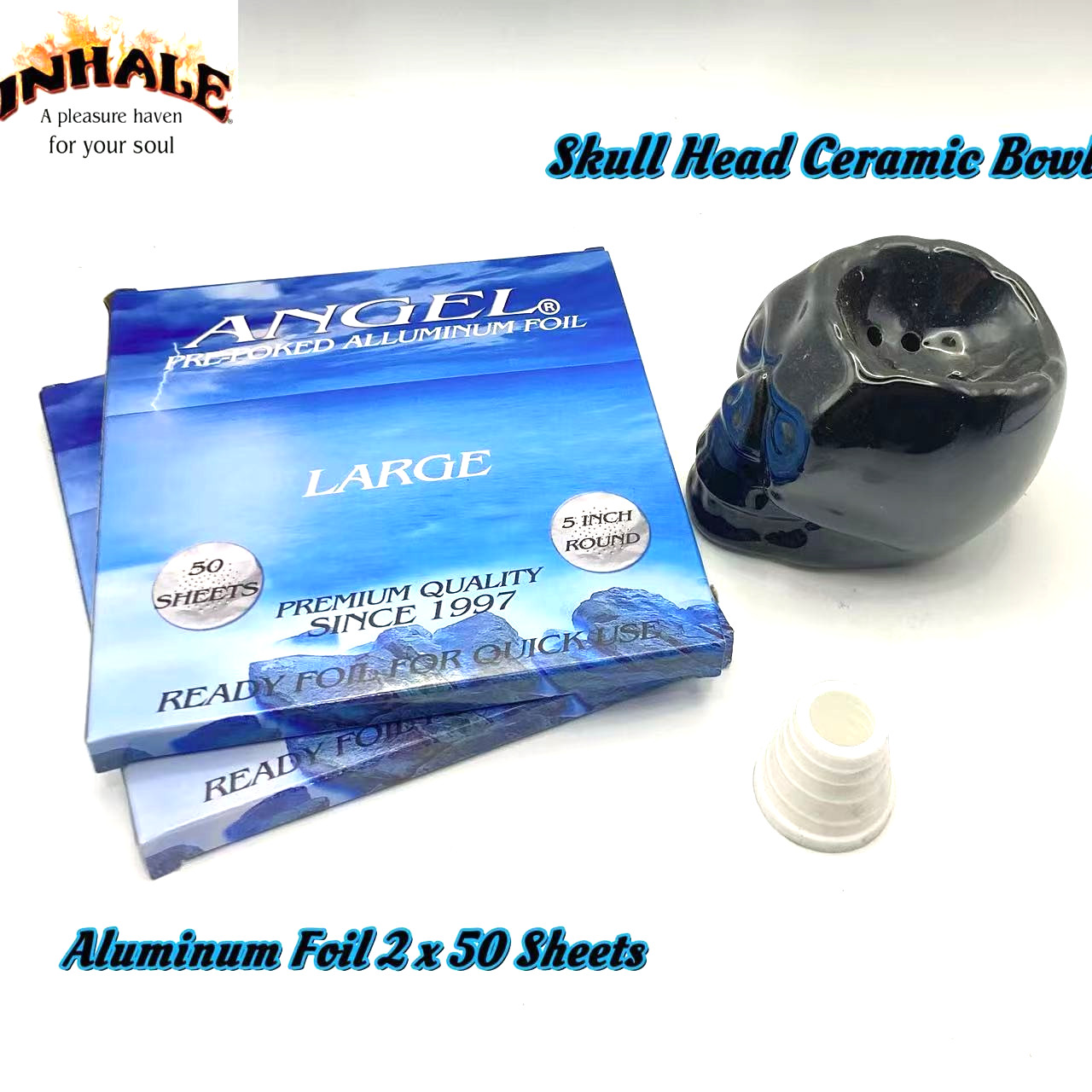 Inhale skull head Ceramic Bowl w silicone grommet & hookah POKED ALUMINUM FOIL