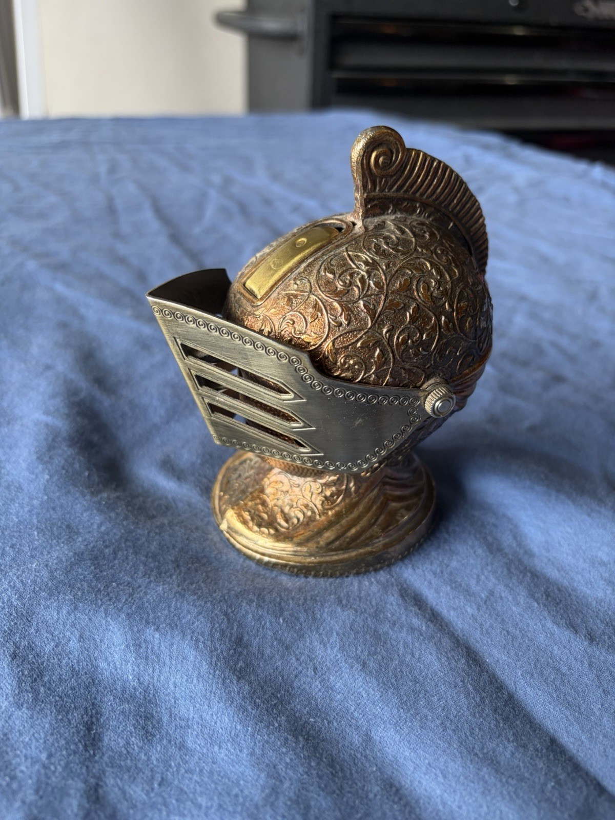Bronze & Silver Tone Knight Helmet Holder Ornate Metal Table Lighter Untested
