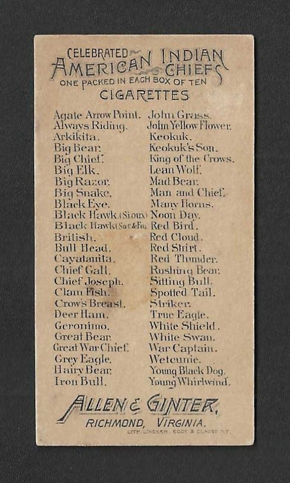 1880s N2 Allen & Ginter Tobacco Card – American Indian Chiefs – White Swan Sioux