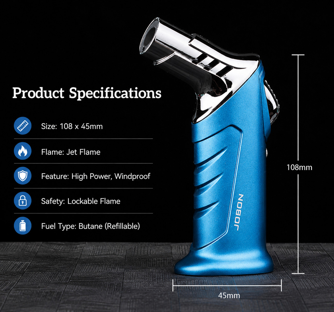 JOBON Jet Torch Lighter Windproof Refillable Butane Flame Lock Blue Red Silver