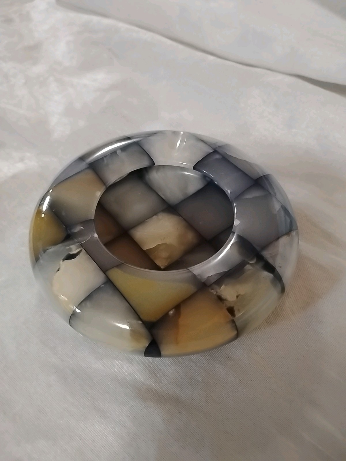 Vintage 1950s Checkerboard Italian Onyx Marble Polished Round Ashtray Decor