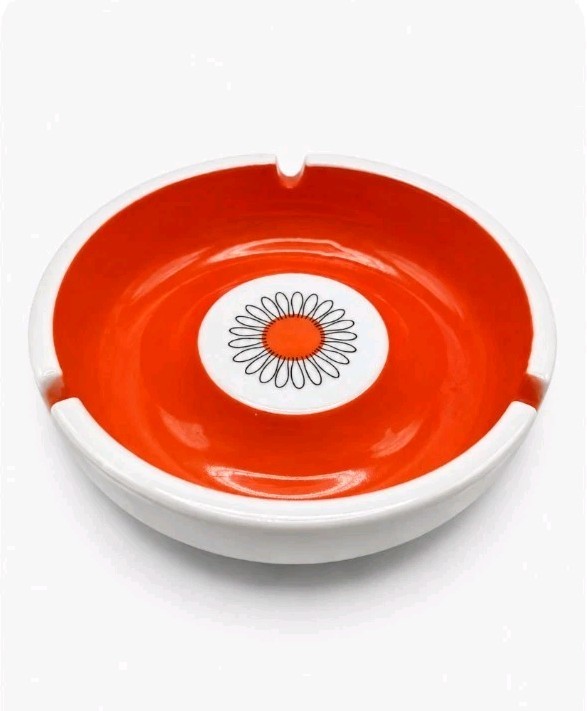 Vintage Orange Daisy Ashtray Mid Century Modern Milk Glass Retro 1970s