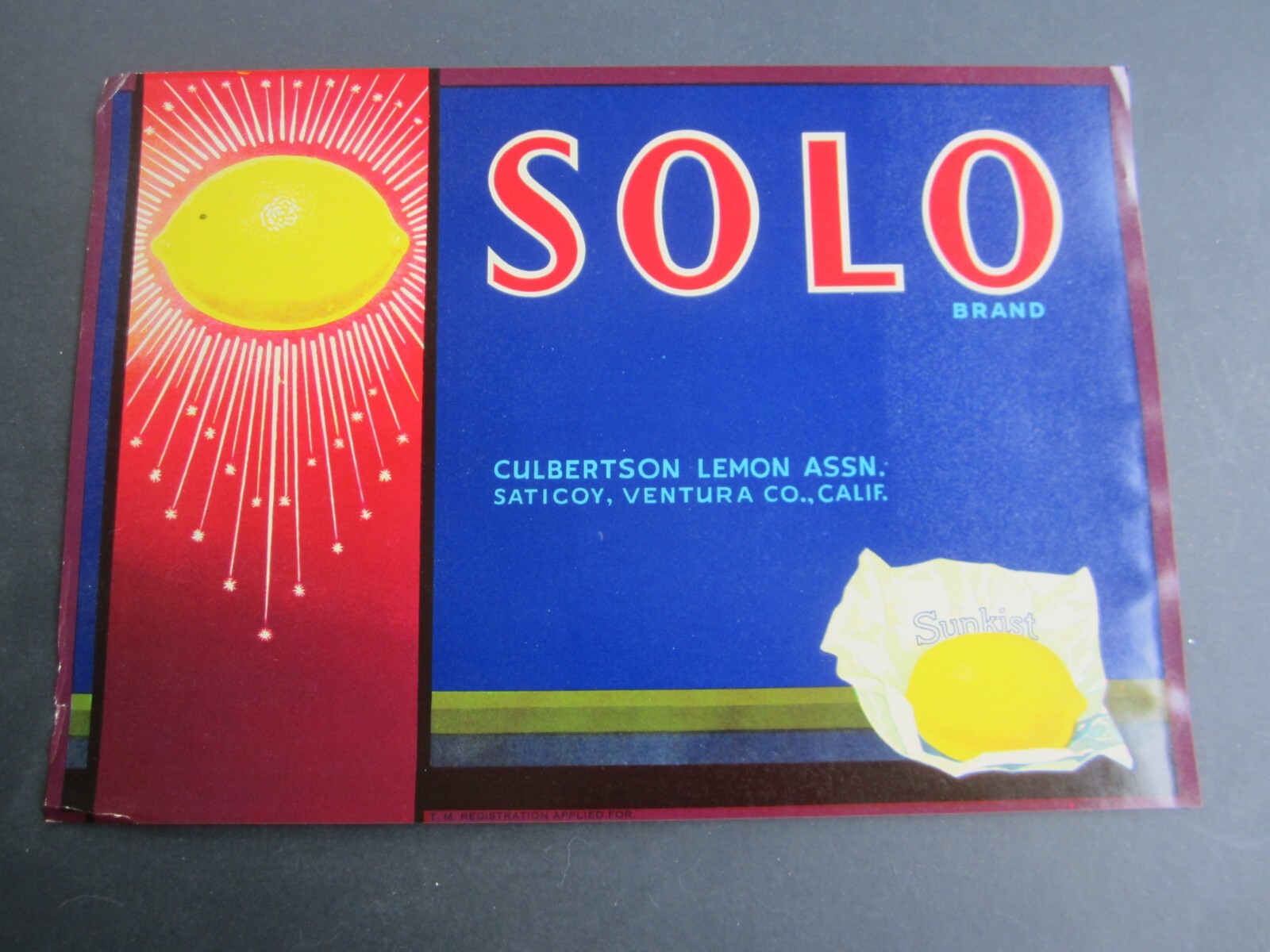 Original Old Vintage 1930’s – SOLO – Lemon LABEL – Saticoy – Ventura Co. – CA.