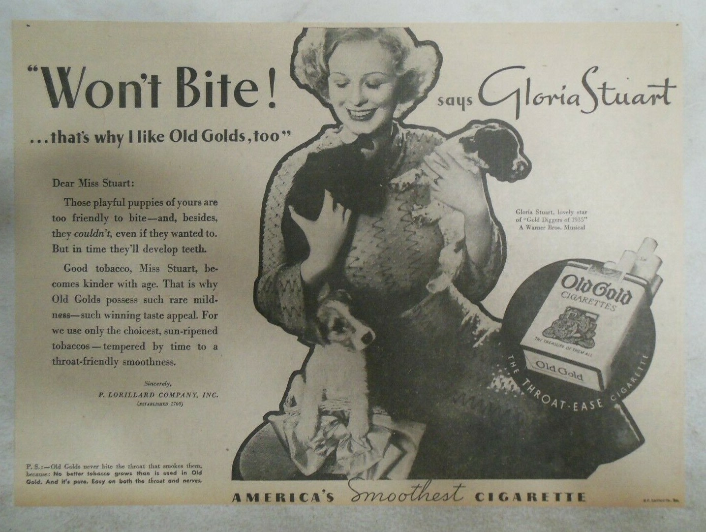 Old Gold Cigarette Ad: Gloria Stuart (Actress) from 1935 Size: 11 x 15 inches