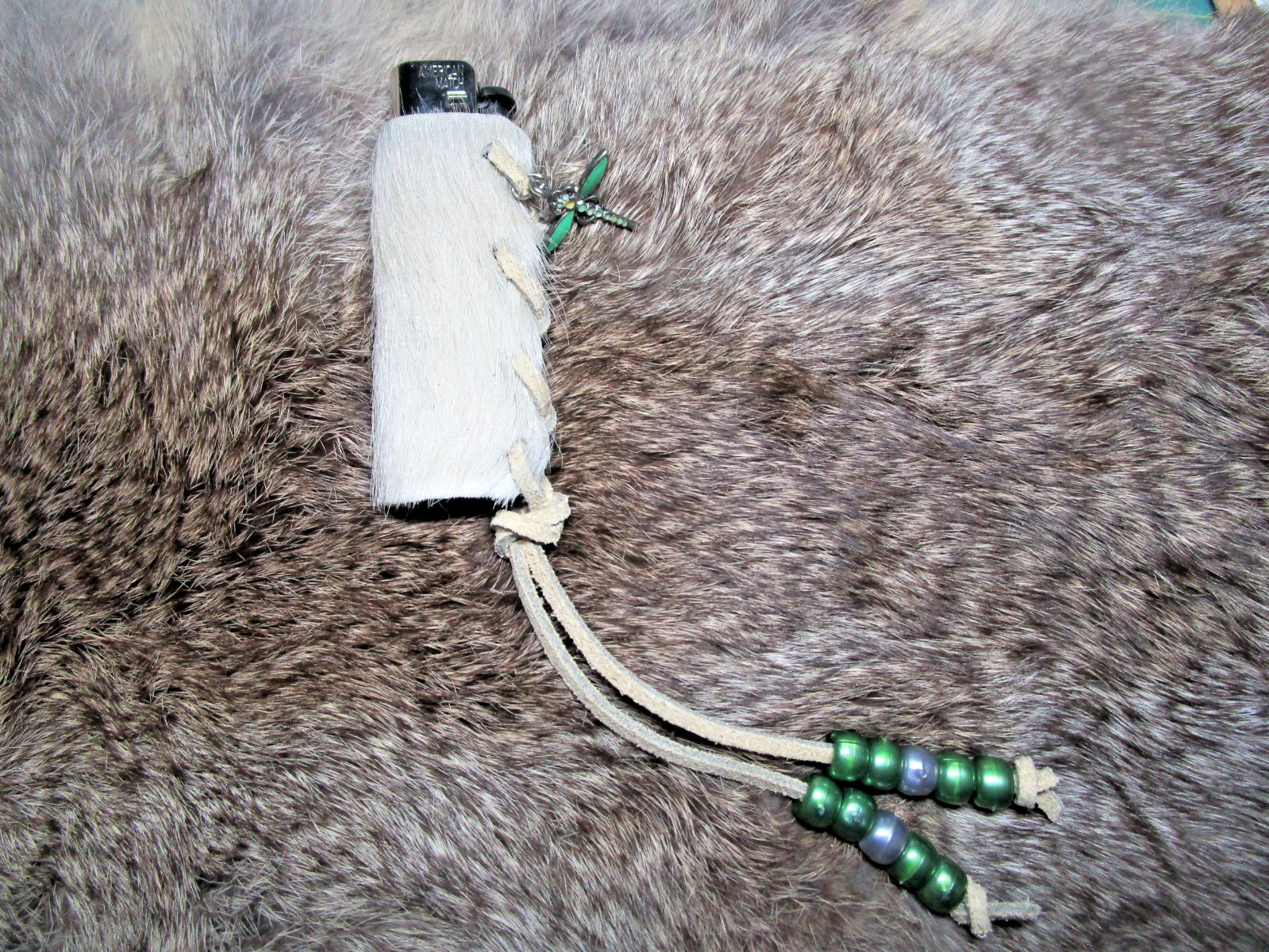 COW HIDE LEATHER HANDCRAFTED LIGHTER CASE – PEARL GREEN/SILVER BEADS – DRAGONFLY