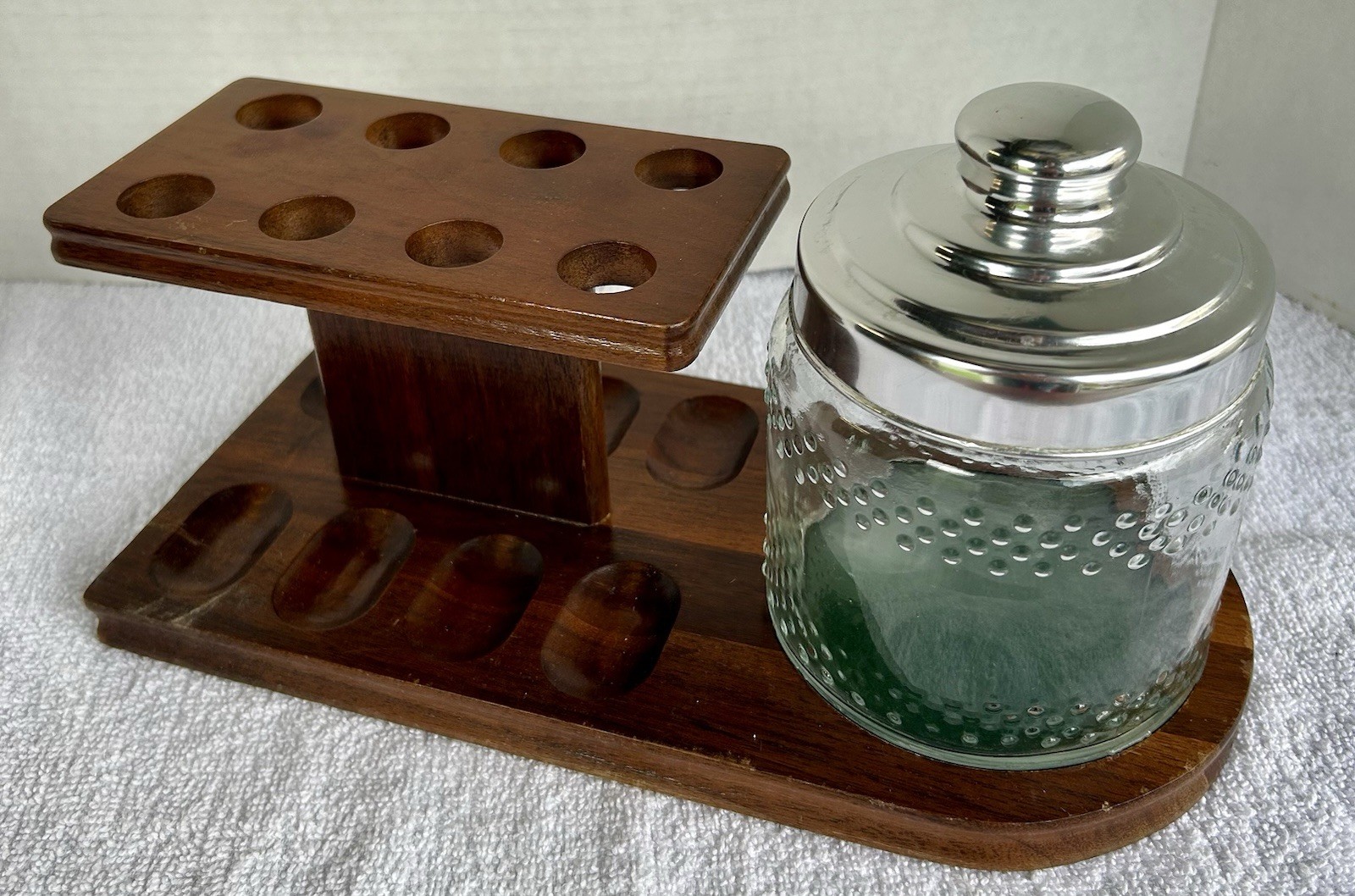 VTG DECO DECATUR WALNUT 8 PIPE HOLDER STAND w/Heavy Glass HUMIDOR JAR & LID