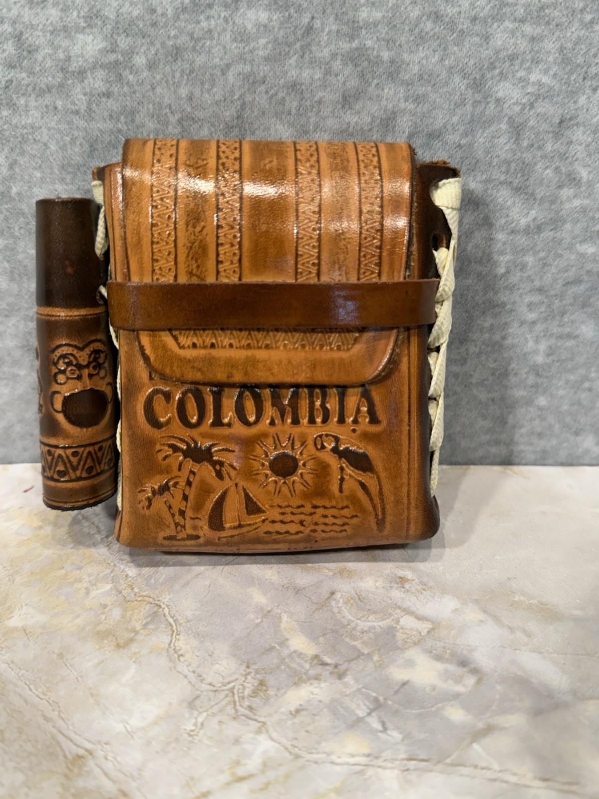 Handcrafted Vintage Leather Cigarette & Lighter Case Colombia Central America