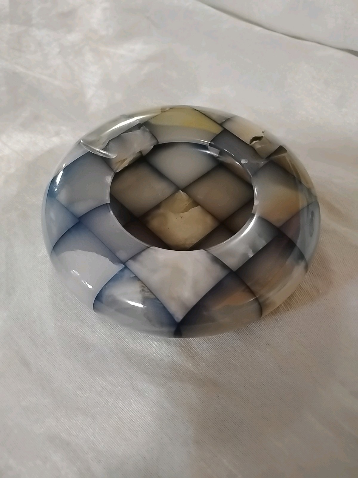 Vintage 1950s Checkerboard Italian Onyx Marble Polished Round Ashtray Decor