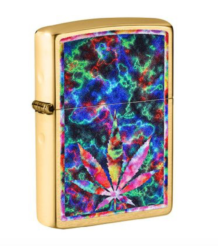 Zippo Brushed Brass Lighter With Psychedelic Marijuana Leaf, 49398, New In Box