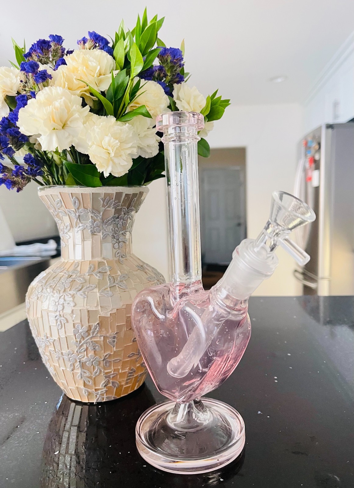 8″ Pink Clear Thick Glass Heart Water Pipe Bong