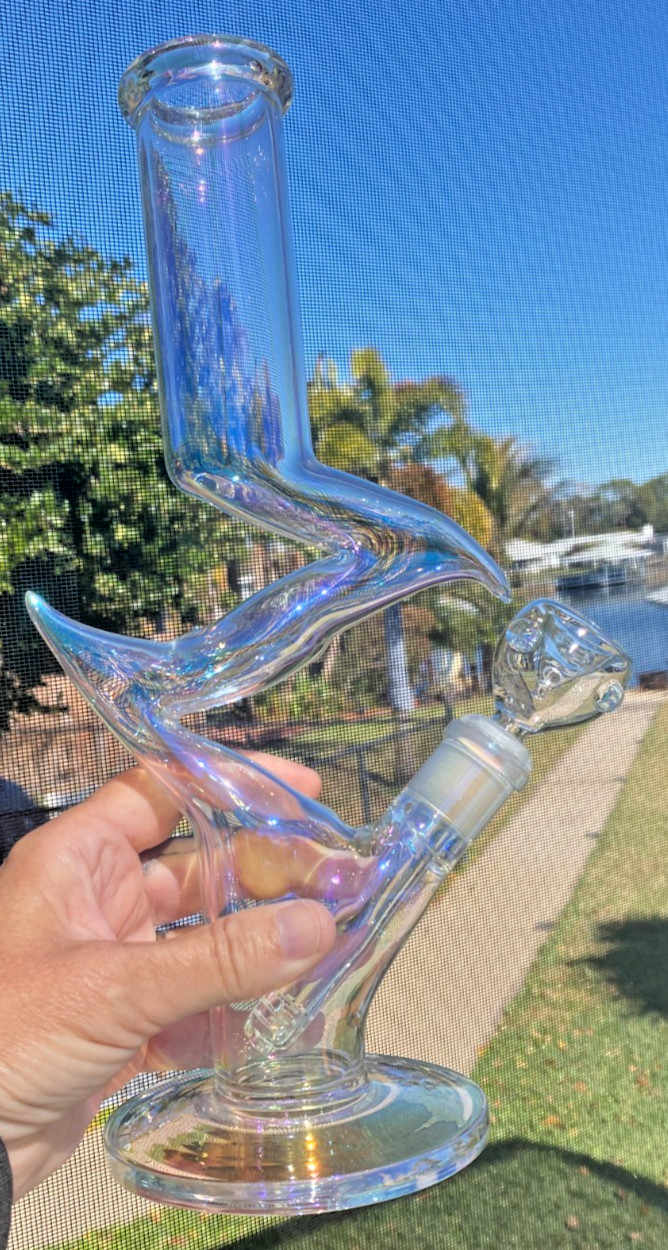 Nice 12.5″ Holographic Rainbow 5mm Glass Water Pipe Bong Ice Catcher 4.5″ Base