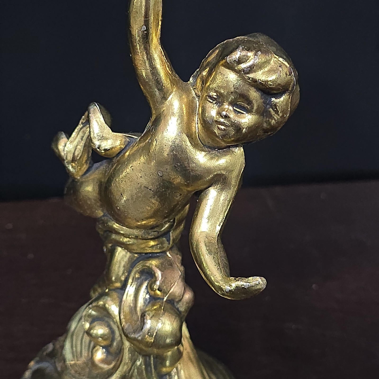 Vintage Figural Cherub Table Lighter Brass Tone Putti Faceted Glass Reservoir