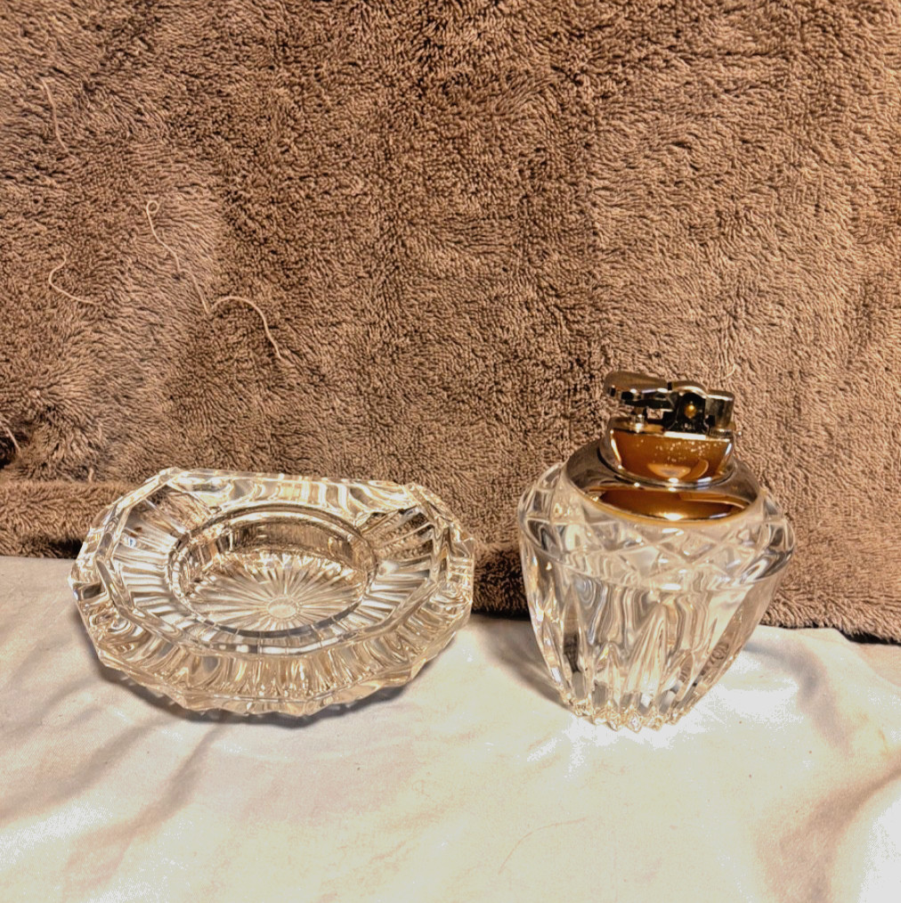 Vintage Princess House Lead Crystal Cigarette Lighter with Glass Ashtray