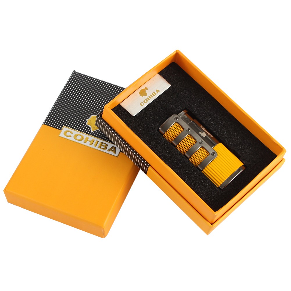 Travel Humidor Cigar Case Holder 3 Torch Jet Flame Butane Cigar Lighter Yellow