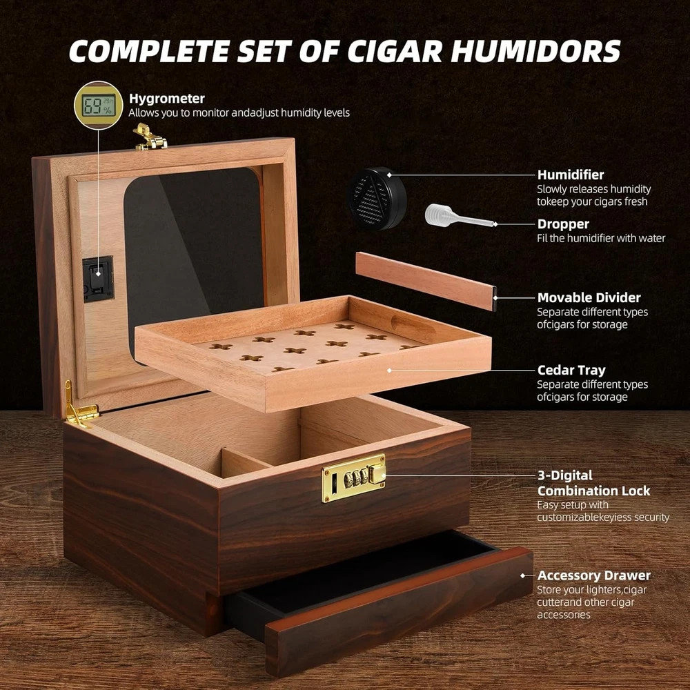 Cigar Humidor, Handcrafted Cedar Cigar Box, Glass Top Desktop Humidor with Digit