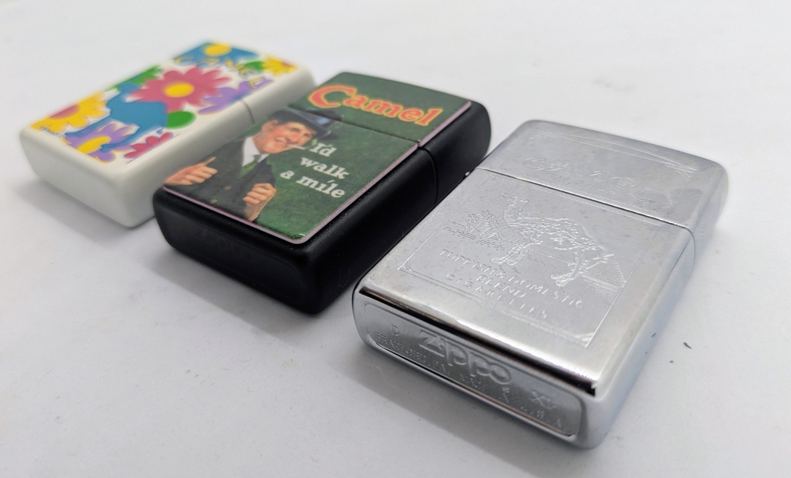 *3 Camel Zippo Lighter Lot!* 1990s Flowers “I’d Walk A Mile” Turkish Chrome NEW!
