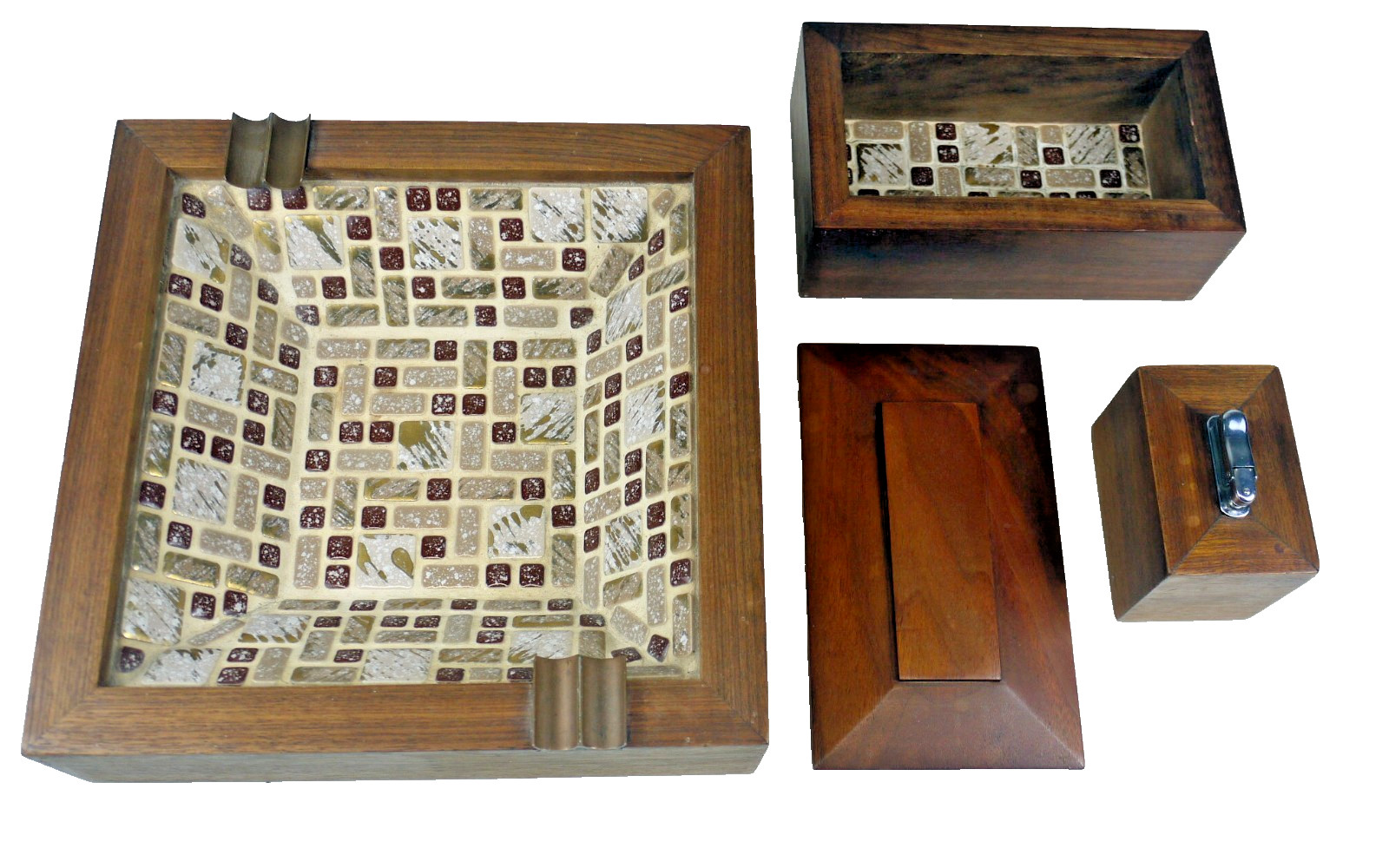 FaB Vintage BESPOKE Mid Century TILE Walnut Smoking Set ASHTRAY BoX Lighter OOAK
