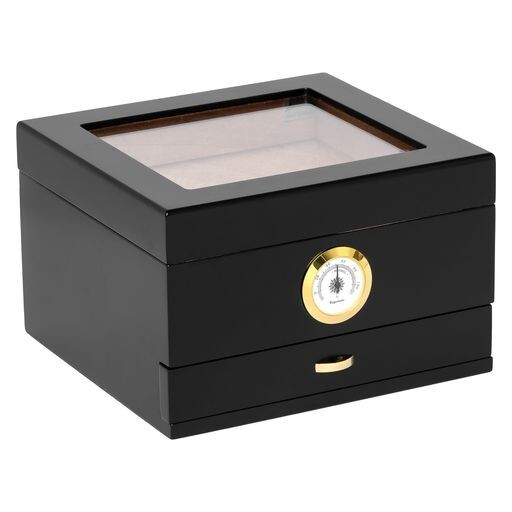 Humidor Supreme Mini Capri Glasstop Cigar Humidor w/ Drawer, 25-48 cigar, Black