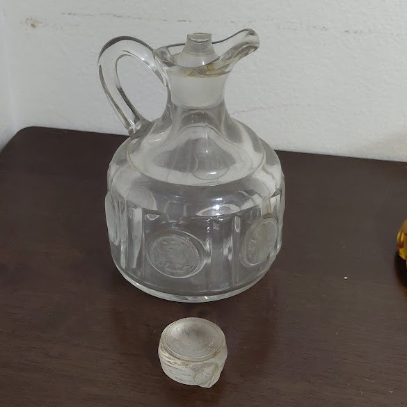 2ct Vintage Fostoria Crystal Glass Frosted Coin Clear Cruet & Amber Nappy