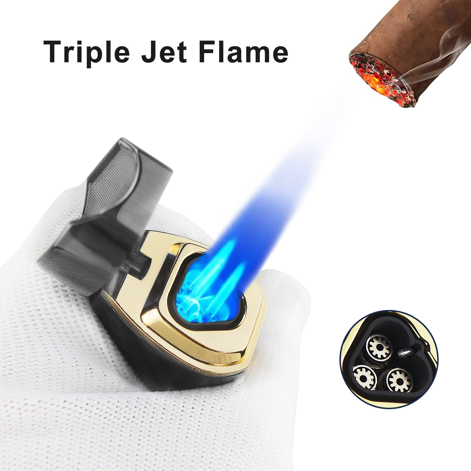 Metal Cigar Lighter Tobacco Lighter 3 Torch Jet Flame Refillable With Punch tool