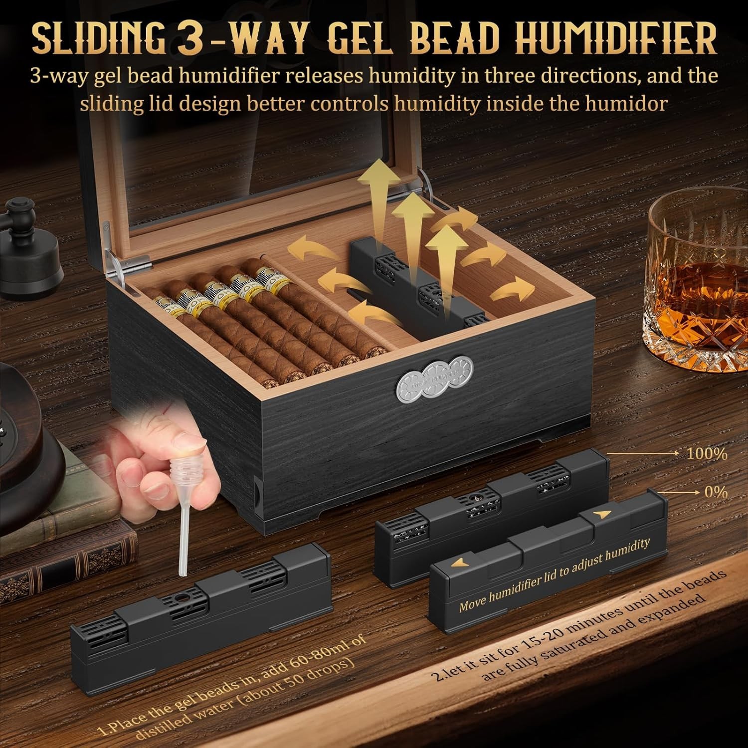 Cedar Wood Cigar Humidor Glass Top Desktop Box Digital Hygrometer Humidifier