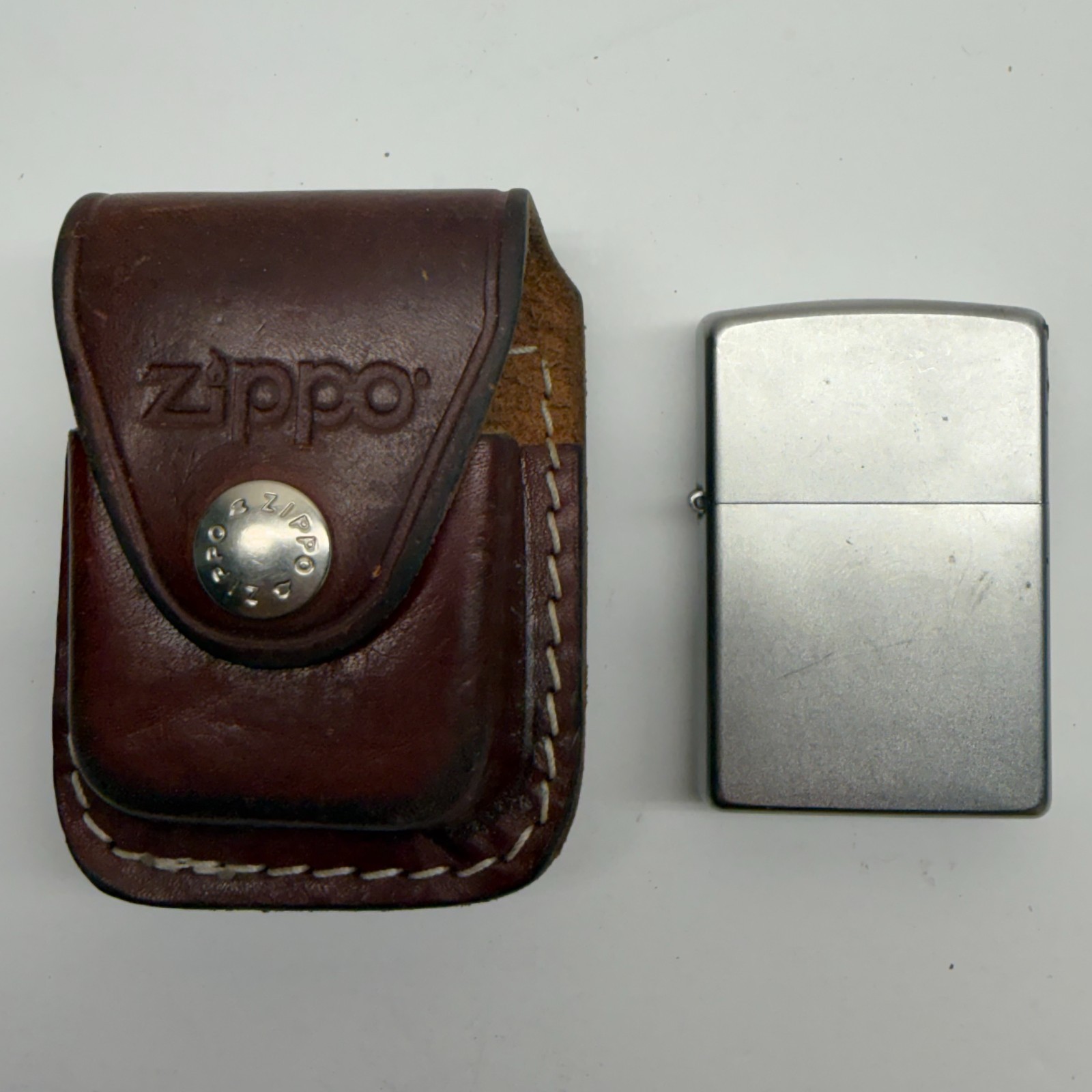 Zippo Lighter Chrome C 13 March 2013 w/ Branded Leather Holster – AS IS