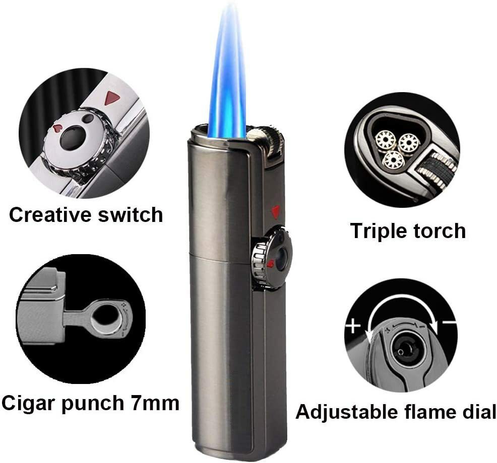 JOBON Retro Flint Ignite Triple Torch Windproof Lighter/Cigar Punch – Silver