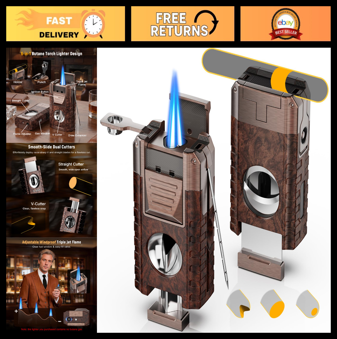 6-in-1 Butane Torch Lighter, Windproof 3 Jet Flame, Refillable with Gift Box, Id