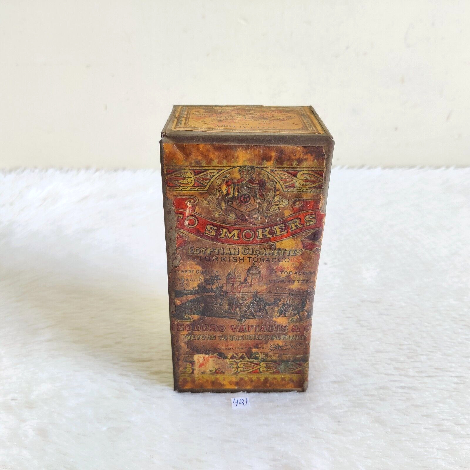 1920s Vintage Theodoro Vafiadis Co Egyptian Cigarette Advertising Tin Box 421