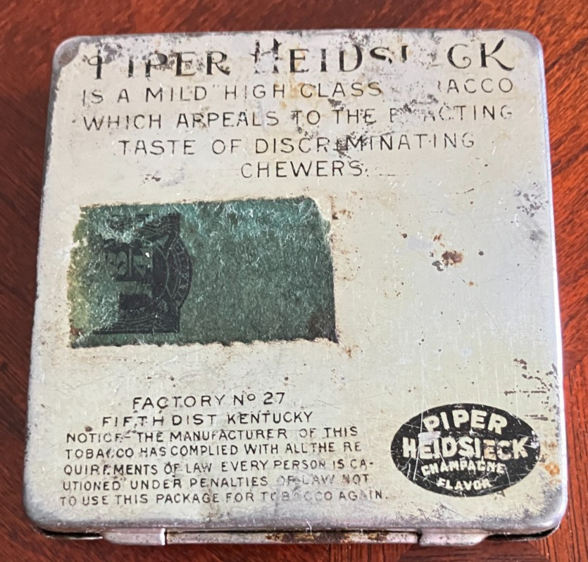 Vtg. Piper Heidsieck Chewing Tobacco Tin, Champagne Flavor, No. 27/Partial Stamp