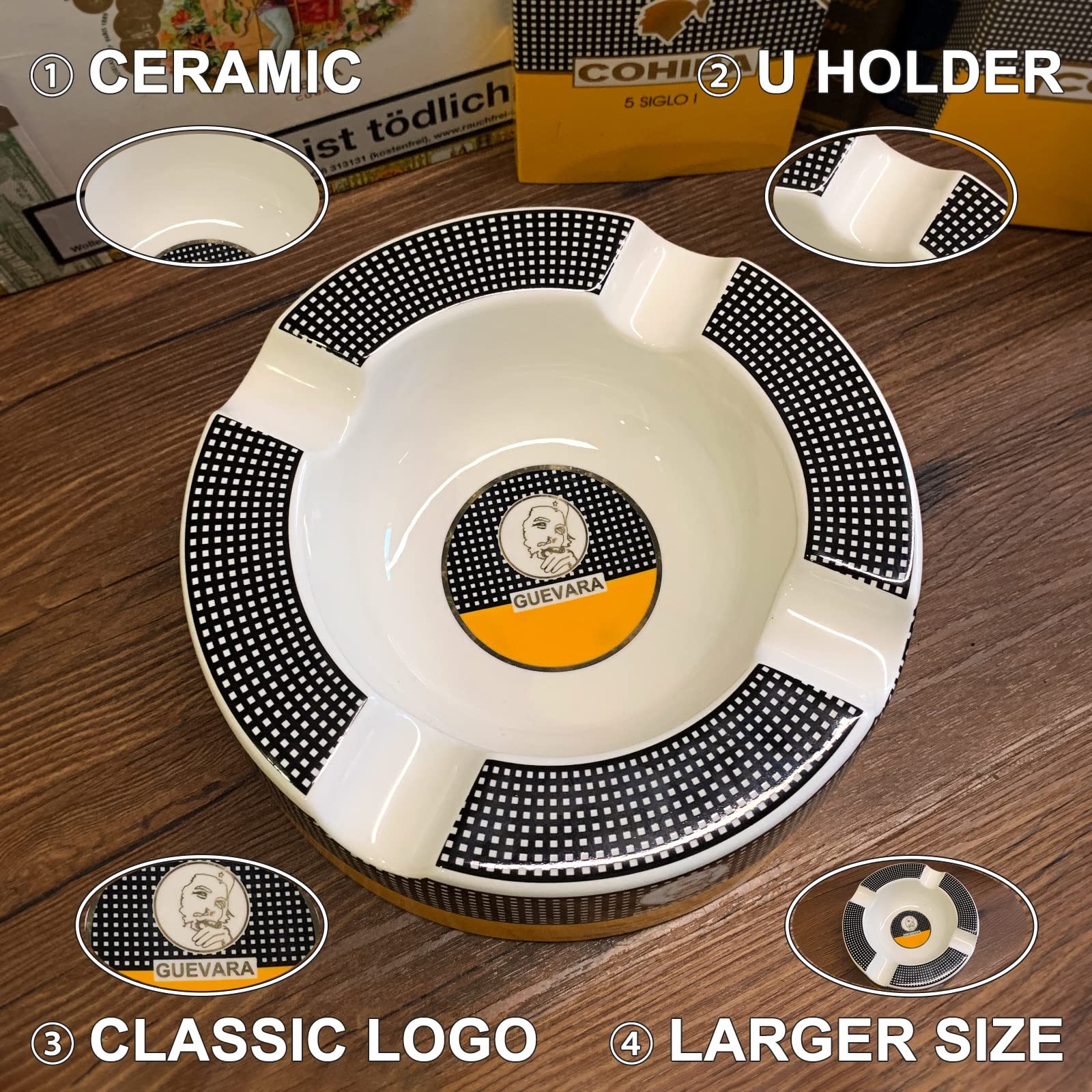 GUEVARA Cigar Ashtray Big Ash trays for 8″ Round Cigarettes Large Res – yellow-2