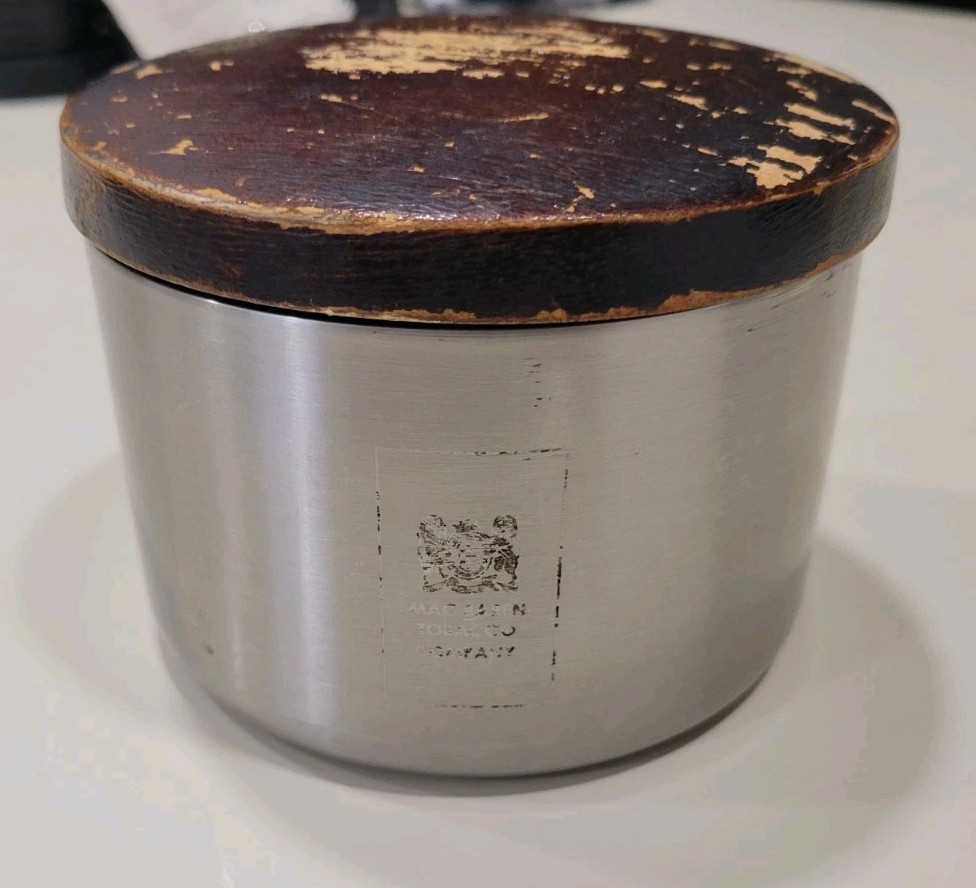 Large Mac Baren Stainless Steel Tobacco Storage Canister Stash Can Tin Wood Lid
